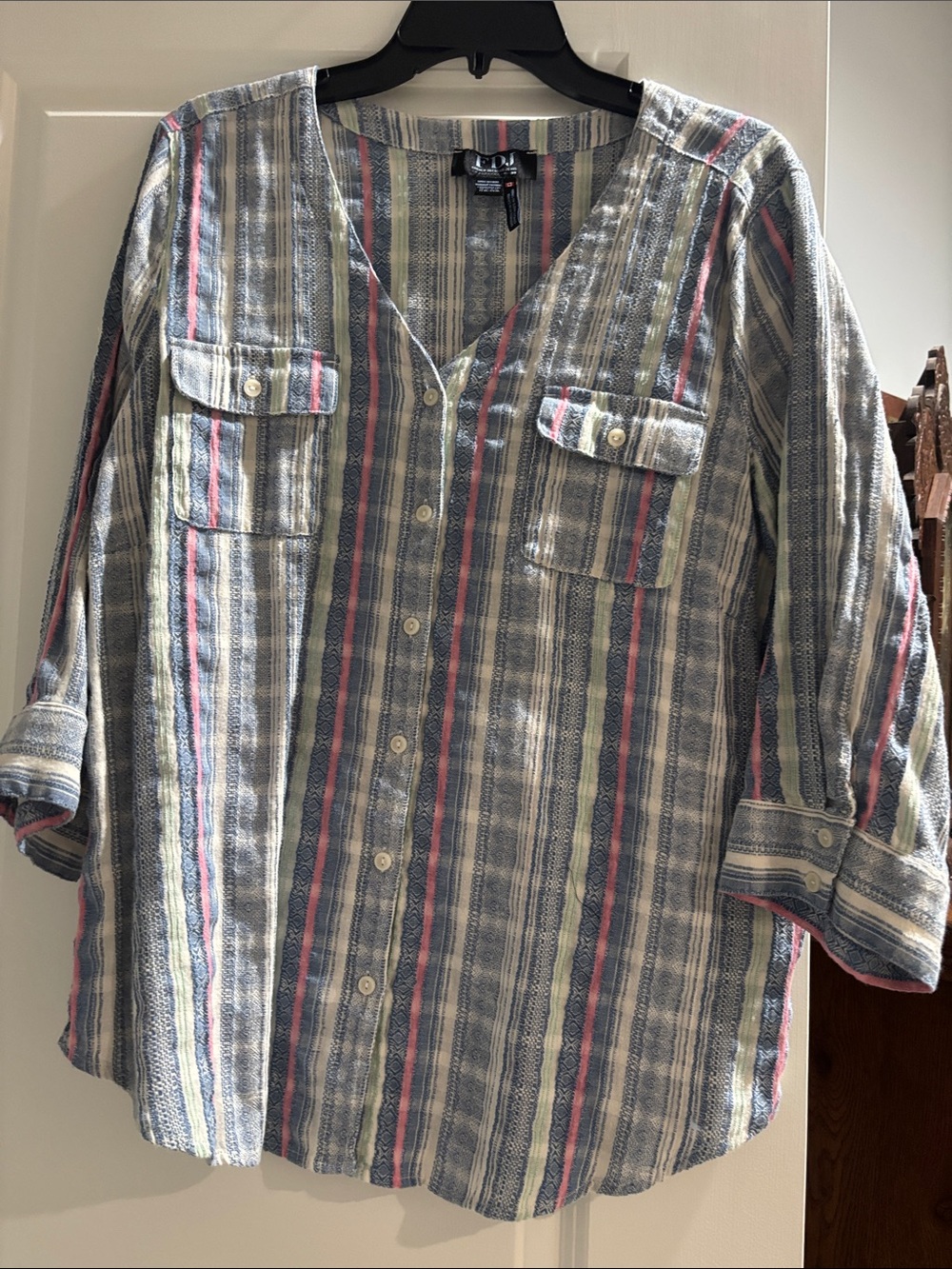 Women's Striped Button-Front Blouse in Blue & Pink
